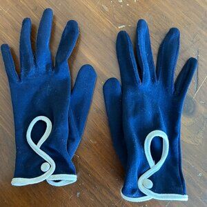 Vintage Rare Navy Blue Cloth Gloves with White Trim